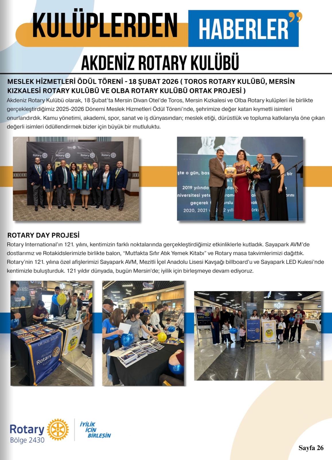 Akdeniz Rotary Kulübü Guvernör Aylık Mektubunda Kulüp Projesinin yayınlanması Projesi