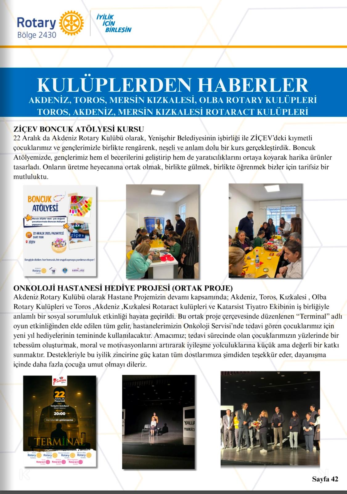 Akdeniz Rotary Kulübü Guvernör Aylık Mektubunda Kulüp Projesinin yayınlanması Projesi