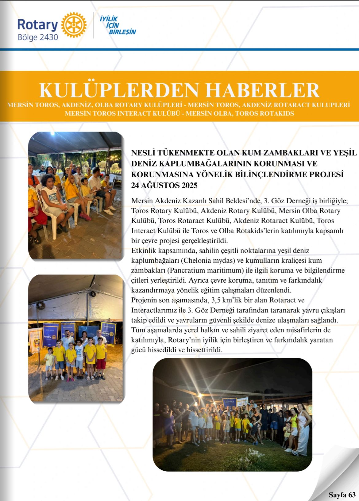 Akdeniz Rotary Kulübü Guvernör Aylık Mektubunda Kulüp Projesinin yayınlanması Projesi