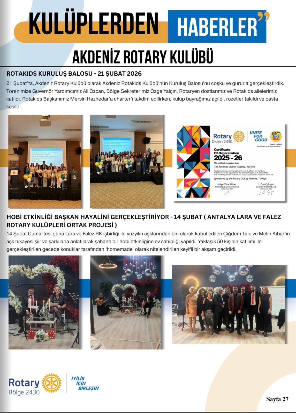Akdeniz Rotary Kulübü Guvernör Aylık Mektubunda Kulüp Projesinin yayınlanması Projesi