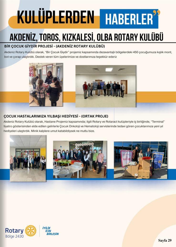 Akdeniz Rotary Kulübü Guvernör Aylık Mektubunda Kulüp Projesinin yayınlanması Projesi