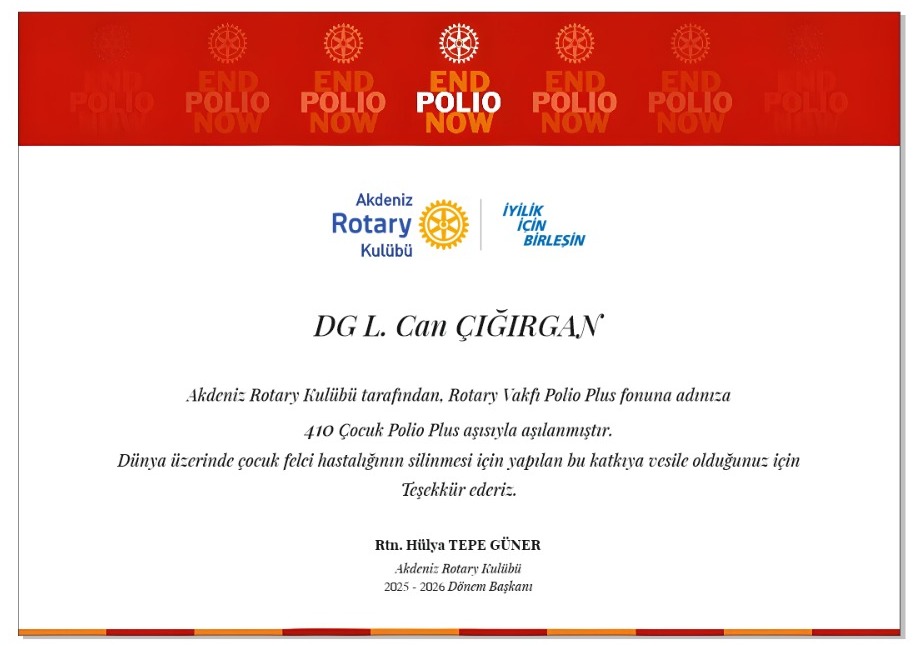 Akdeniz Rotary Kulübü Polio Programına Üye Başı 5 USD Katkı Projesi