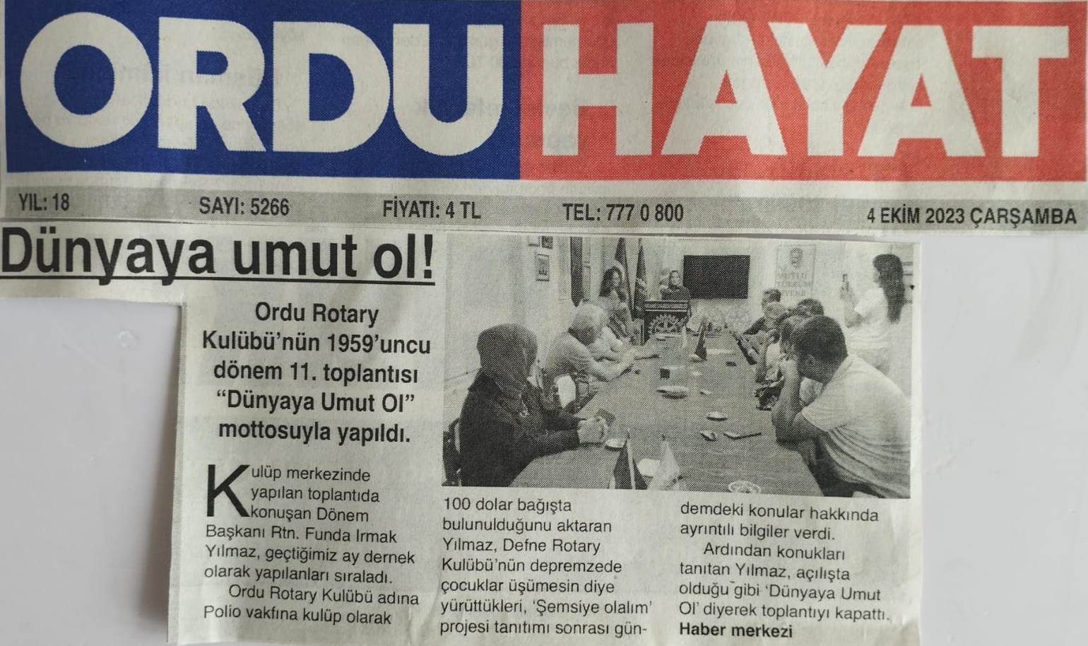 Ordu Rotary Kulübünün 04 Ekim 2023 tarihinde basında çıkan haberleri