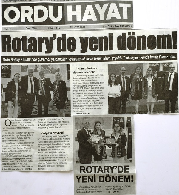 Ordu Rotary Kulübünün Devir Teslim Töreni basında yer aldı.