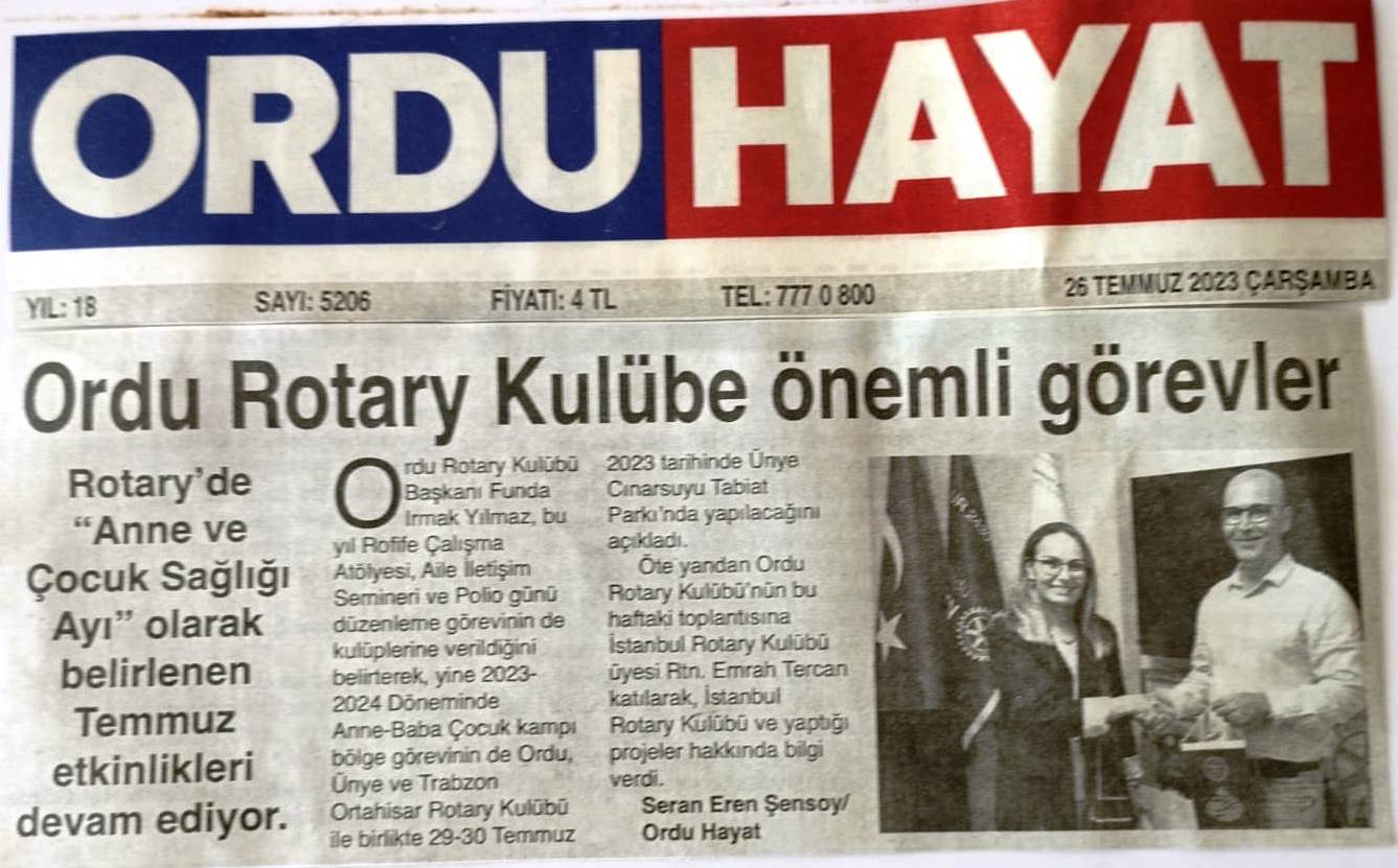 Ordu Rotary Kulübü Başkanı Funda Irmak Yılmaz’ın bu haftaki mesajını (26.07.2023) basında yer aldı.