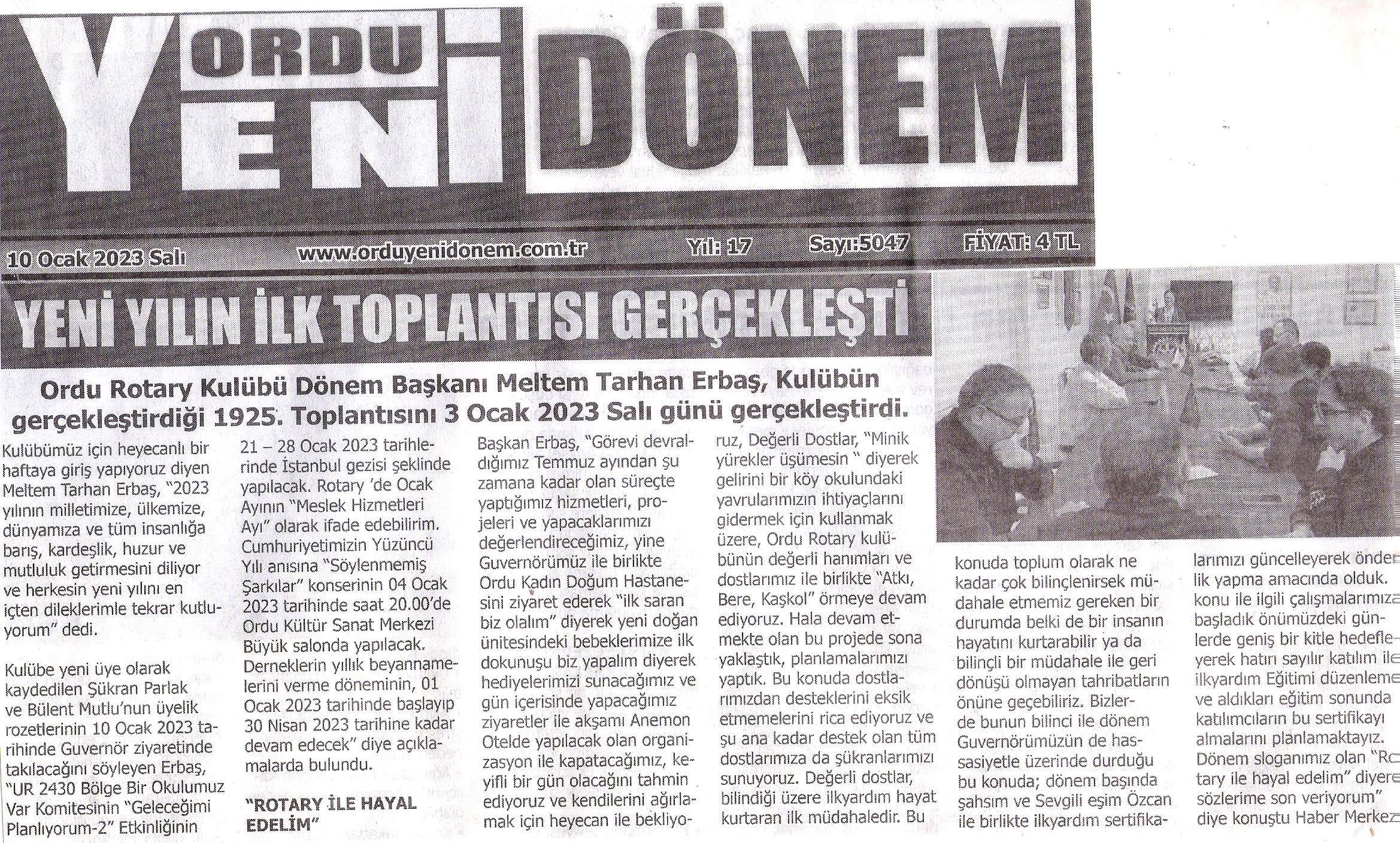 Ordu Rotary Kulübünün 10 Ocak 2023 tarihli basın haberi...