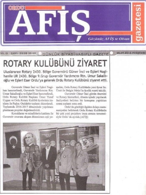 Ordu Rotary Kulübü Guvernör ziyareti