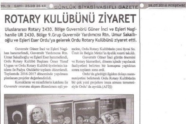 Ordu Rotary Kulübü Guvernör ziyareti
