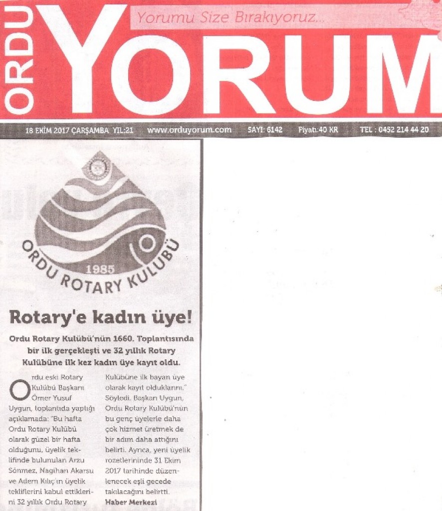 32 Yıllık Ordu Rotary Kulübü ilk kez bayan üye kaydetti.