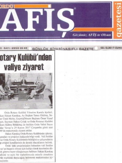 ORDU ROTARY KULÜBÜ VALİ SAYIN SERDAR YAVUZ’U ZİYARET ETTİ.