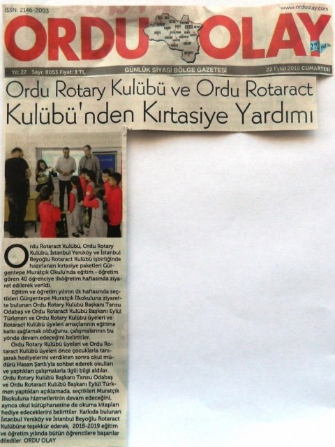 Ordu Rotary Kulübü, Kırtasiye Etkinliği Yerel Basında Geniş yer buldu.
