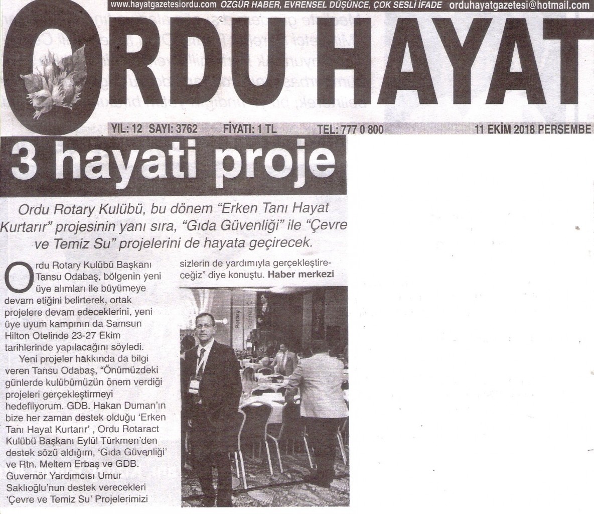 ORDU ROTARY KULÜBÜ PROJELERİ İLE BASINDA YERİNİ ALDI.