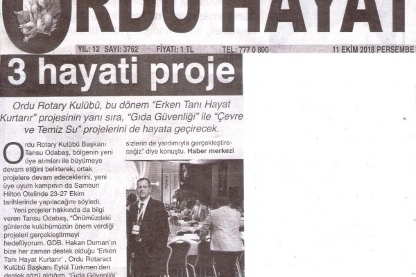 ORDU ROTARY KULÜBÜ PROJELERİ İLE BASINDA YERİNİ ALDI.