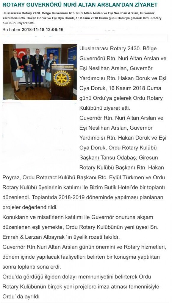 UR 2430.BÖLGE GUVERNÖRÜ ALTAN ARSLAN ORDU ROTARY KULÜBÜNÜ ZİYARET ETTİ.