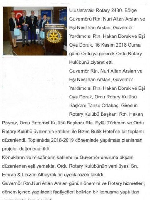 UR 2430.BÖLGE GUVERNÖRÜ ALTAN ARSLAN ORDU ROTARY KULÜBÜNÜ ZİYARET ETTİ.