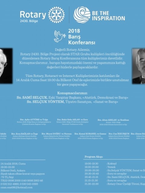 2018 ROTARY BARIŞ KONFERANSI, 14 ARALIK, SAAT 19.00 BİLKENT OTEL