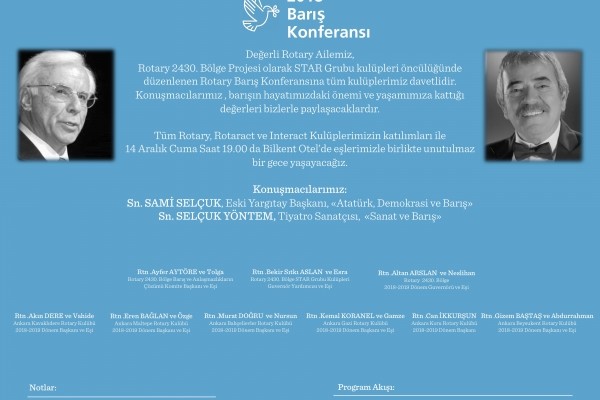 2018 ROTARY BARIŞ KONFERANSI, 14 ARALIK, SAAT 19.00 BİLKENT OTEL