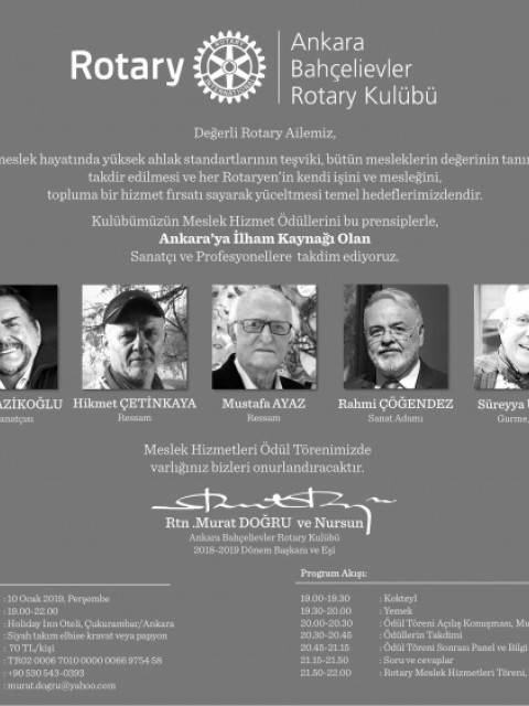 ANKARA BAHÇELİEVLER ROTARY KULÜBÜ MESLEK HİZMETLERİ ÖDÜL TÖRENİ, 10 OCAK 2019