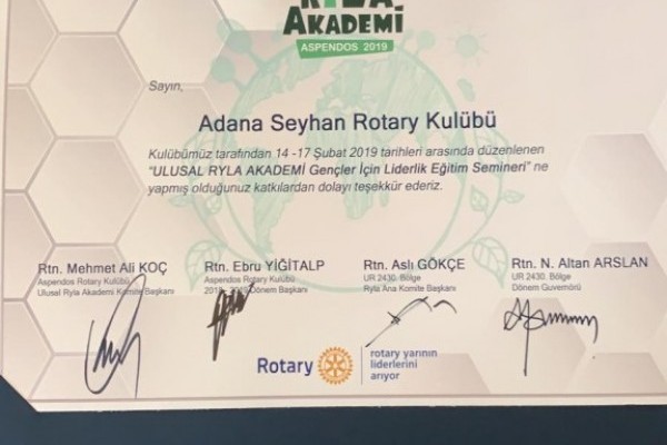 RYLA Akademi'ye Destek Olduk-Adana Seyhan Rotary Kulübü