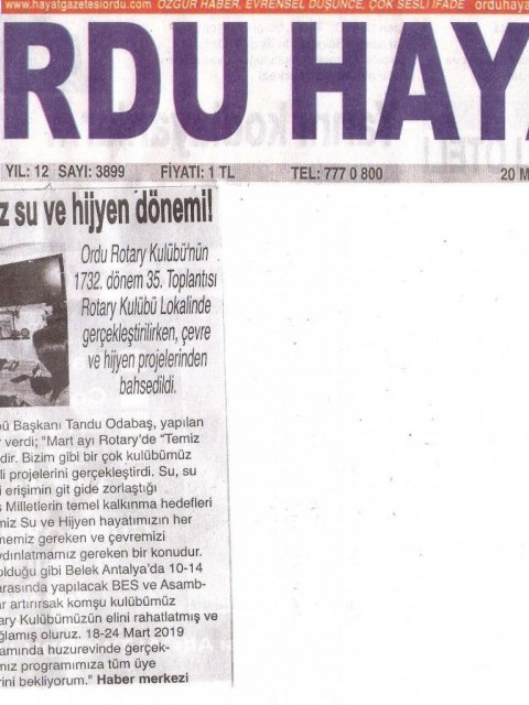 Ordu Rotary Kulübü Temiz su ve Hijyen ile ilgili basın haberi
