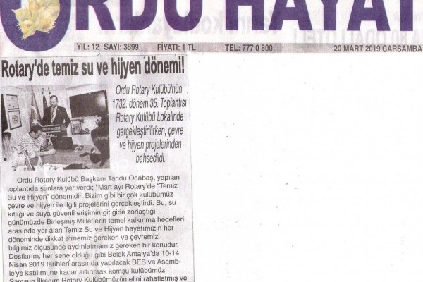 Ordu Rotary Kulübü Temiz su ve Hijyen ile ilgili basın haberi