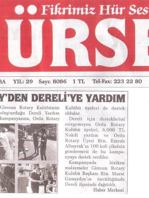 Ordu Rotary Kulübünün Giresun / Dereli sel felaketine yapmış olduğu yardım basında yer aldı..