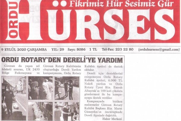 Ordu Rotary Kulübünün Giresun / Dereli sel felaketine yapmış olduğu yardım basında yer aldı..