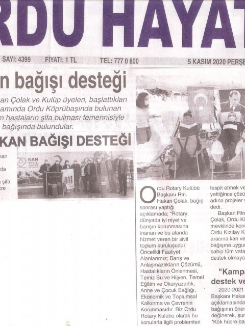 ORDU ROTARY KULÜBÜN’DEN KAN VE KÖK HÜCRE BAĞIŞI
