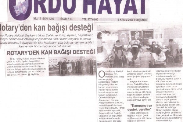ORDU ROTARY KULÜBÜN’DEN KAN VE KÖK HÜCRE BAĞIŞI