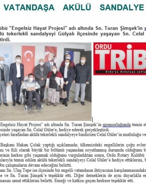 ORDU ROTARY KULÜBÜN’DEN AKÜLÜ TEKERLEKLİ SANDALYE BAĞIŞI