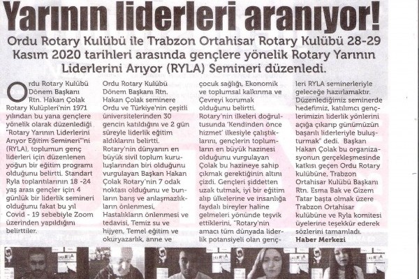 ORDU ROTARY KULÜBÜN’DEN 143.RYLA SEMİNERİ BASIN HABERLERİ