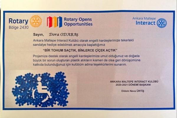 DORA VE DORUK ODABAŞ ANKARA MALTEPE INTERACT KULÜBÜ PROJESİNE DESTEK OLDULAR.