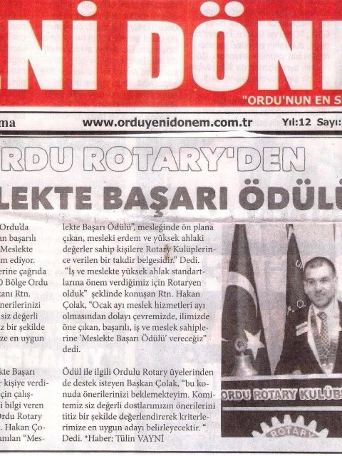 Ordu Rotary Kulübünün Meslek Hizmetleri Ödülü ile ilgili Çalışması Yerel basında..