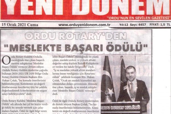 Ordu Rotary Kulübünün Meslek Hizmetleri Ödülü ile ilgili Çalışması Yerel basında..