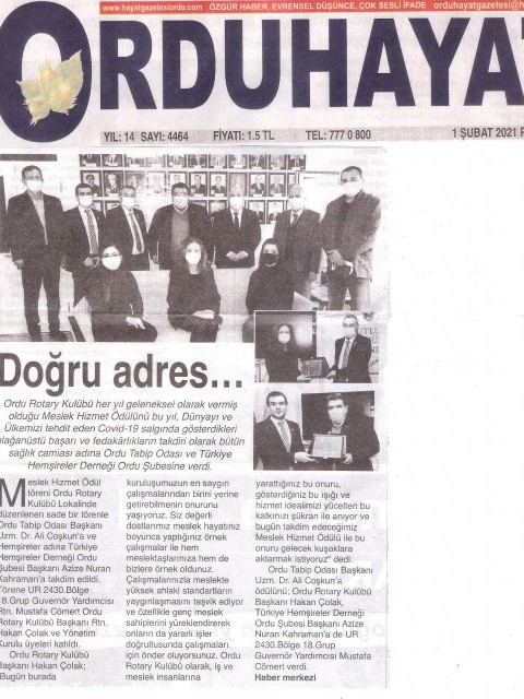 ORDU ROTARY KULÜBÜNÜN MESLEK HİZMET ÖDÜLÜNE BASINDA GENİŞ YER VERİLDİ.
