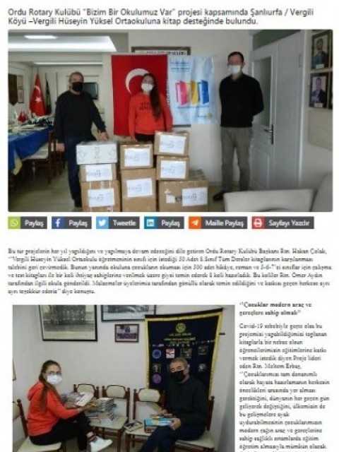 ORDU ROTARY KULÜBÜNDEN EĞİTİME KİTAP DESTEĞİ