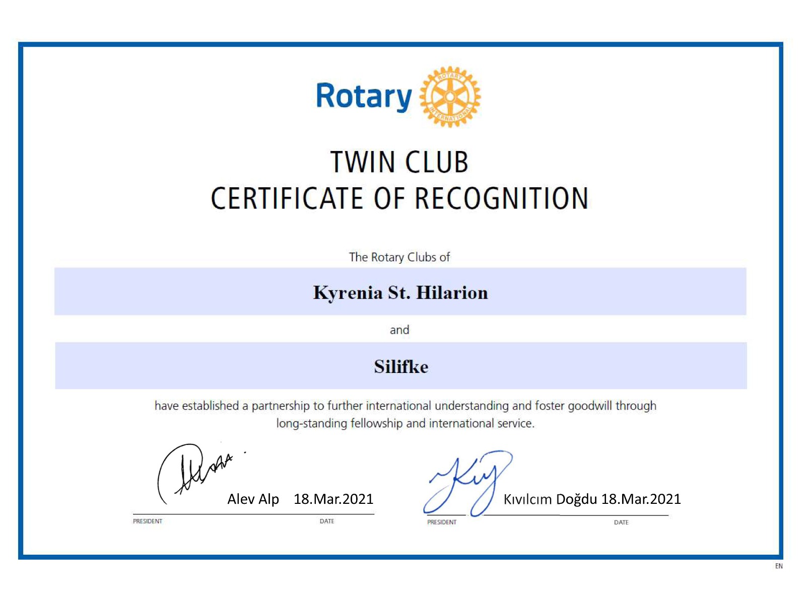 SİLİFKE ROTARY KULÜBÜ ST.HILARION İKİZ KULÜP OLDU