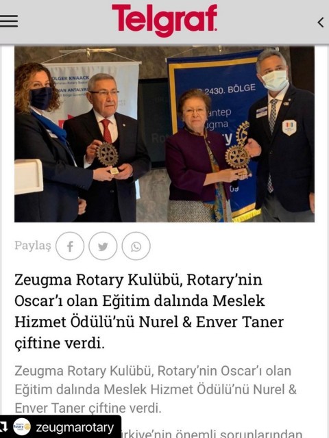 Zeugma Rotary Kulübü Meslek Hizmet Ödülü