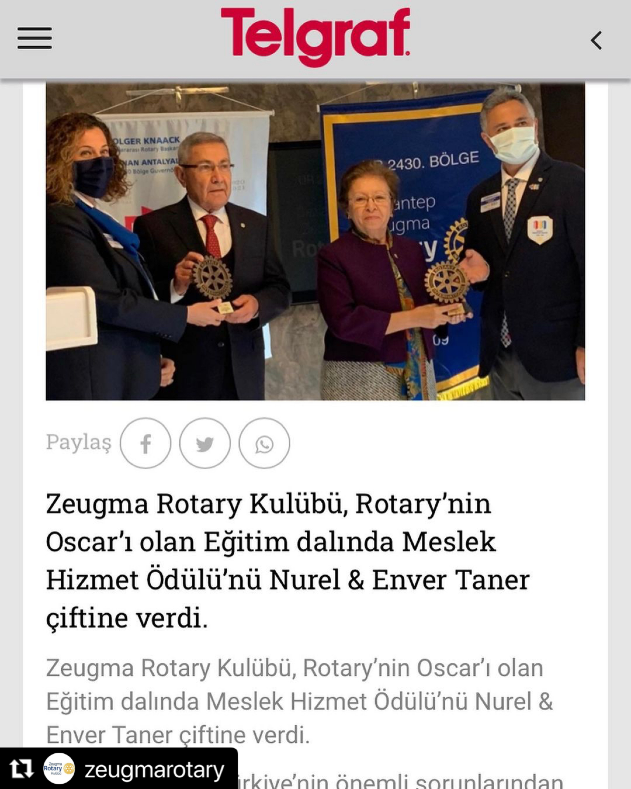 Zeugma Rotary Kulübü Meslek Hizmet Ödülü
