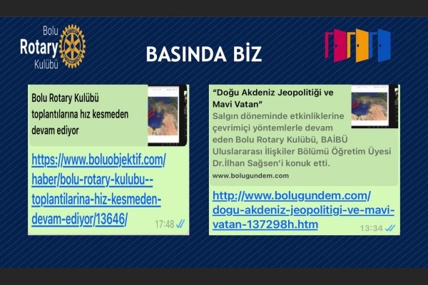 Bolu Rotary Kulübü Dönemin 38. Kulübümüzün 1848. Toplantısı 29/03/2021