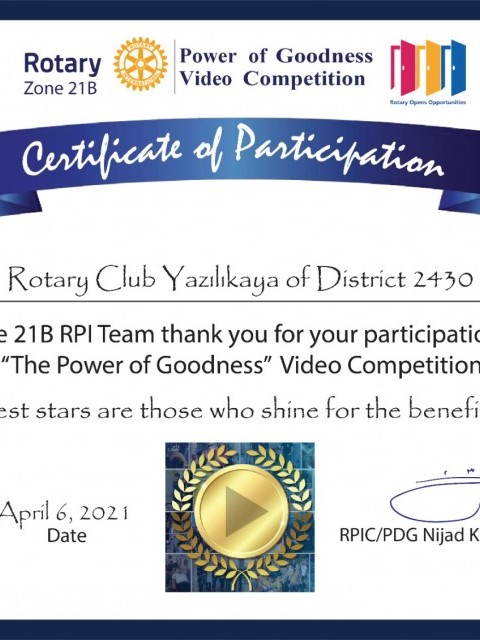 Yazılıkaya Rotary Kulübü/zone 21 katılım sertifikası