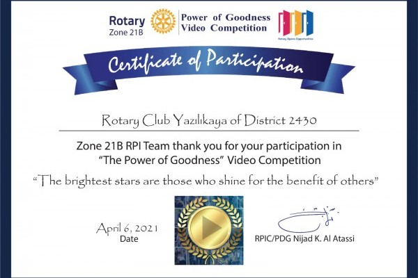 Yazılıkaya Rotary Kulübü/zone 21 katılım sertifikası