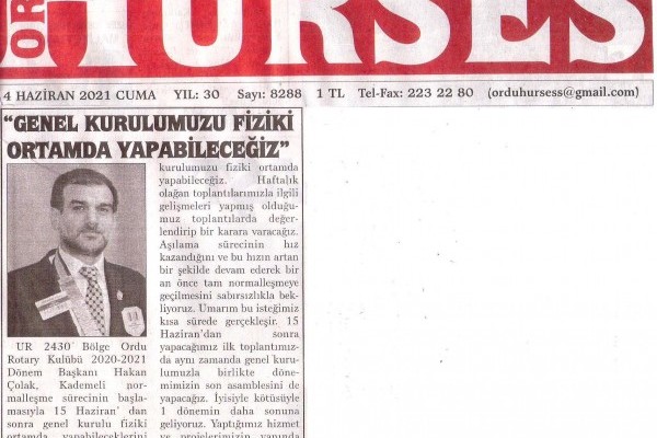 Ordu Rotary Kulübü Başkanı Rtn. Hakan Çolak’ın bu haftaki başkan mektubu basında yer aldı.