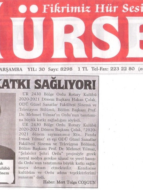 Ordu Rotary Kulübü Başkanı Rtn. Hakan Çolak'ın mesajı basında yer aldı.