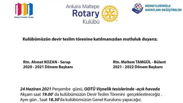 Ankara Maltepe Rotary Kulübü devir teslim davetiyesi