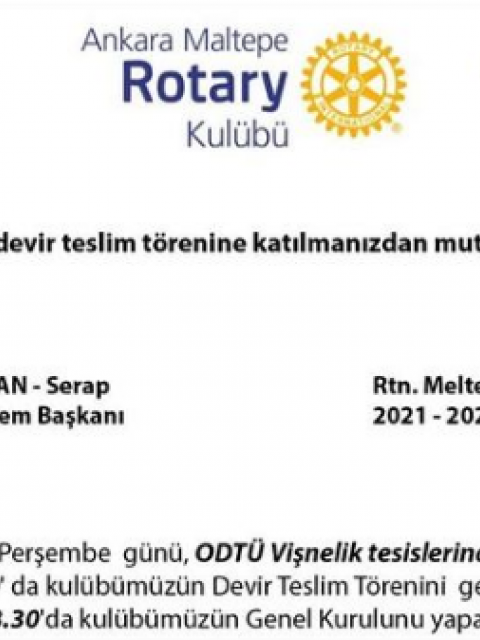 Ankara Maltepe Rotary Kulübü devir teslim davetiyesi