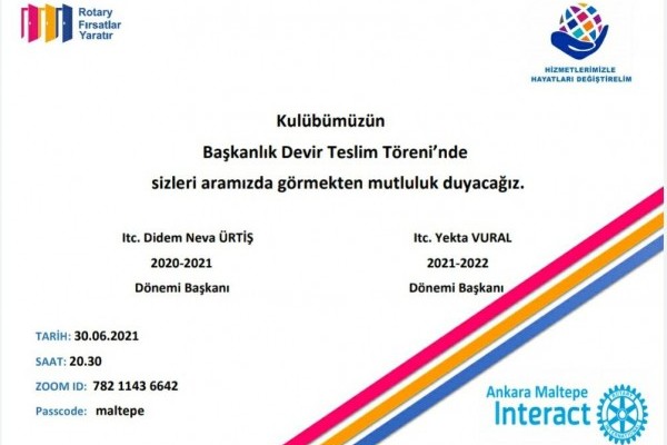 Ankara Maltepe Rotary Kulübü ınteract devirteslim davetiyesi