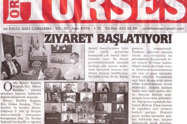 Ordu Rotary Kulübünün 22 Eylül 2019 tarihinde yerel gazetede çıkan haberi