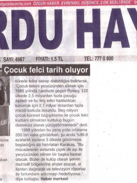 Ordu Rotary Kulübü Dünya Polio Gününü Etkinliği basında yer aldı.