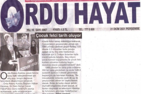 Ordu Rotary Kulübü Dünya Polio Gününü Etkinliği basında yer aldı.